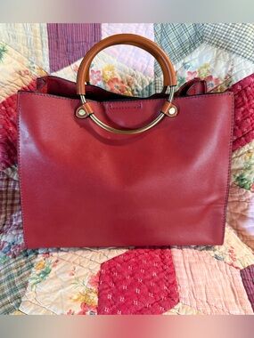Red Leather Top-Handle bag with Round Gold Handle